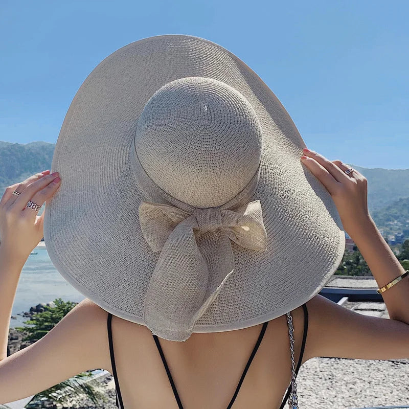 Women's Oversized Wide Brim Straw Sun Hat – Summer Beach Hat with Bow, UV Sun Protection for Seaside, Travel & Outdoor Use