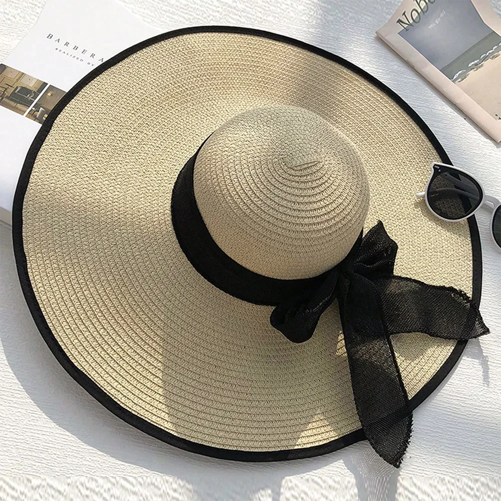 Women's Oversized Wide Brim Straw Sun Hat – Summer Beach Hat with Bow, UV Sun Protection for Seaside, Travel & Outdoor Use